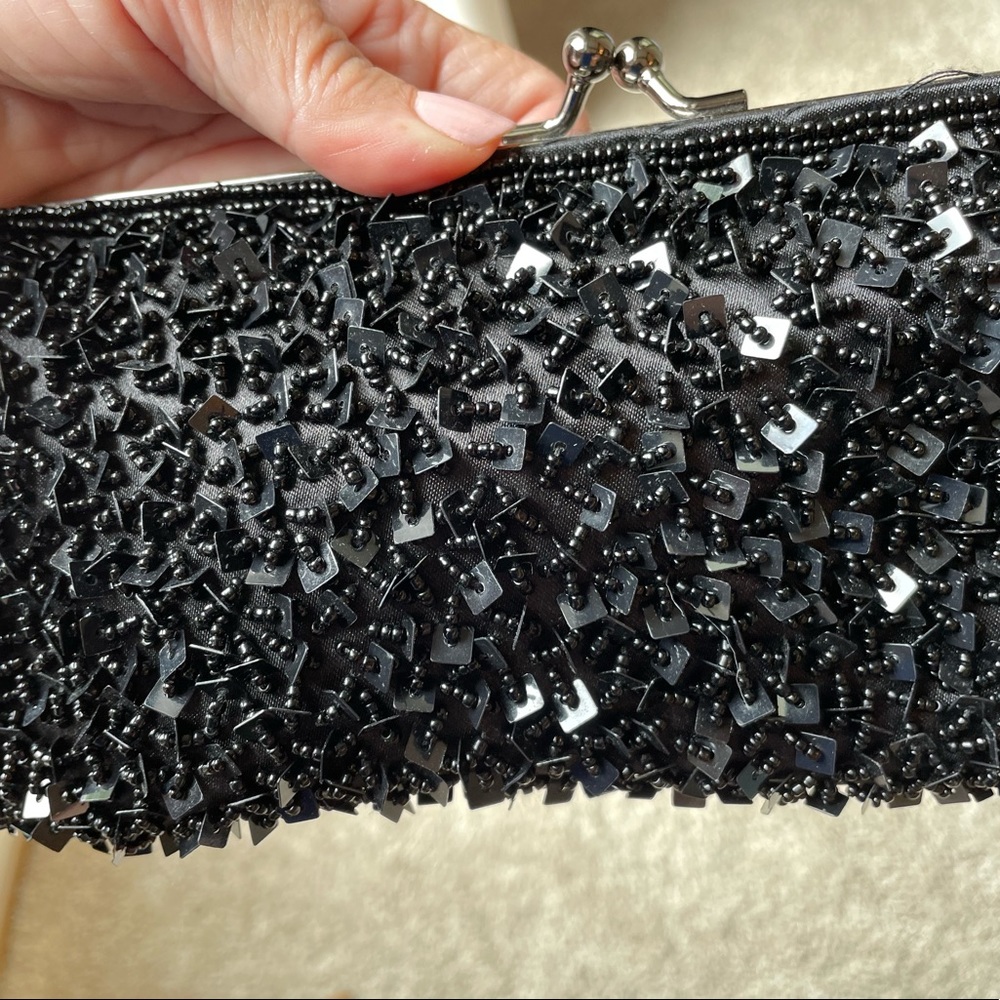 Jessica McClintock Black Beaded Evening Bag Clutch with Chain
